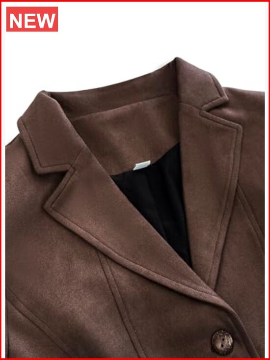 Faux Suede Blazer with Pockets, Long Sleeve Open Front Lapel Jacket - Picture 3 of 6